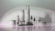 Elegant 3D animation of skincare products with clean, reflective surfaces and calming hues.