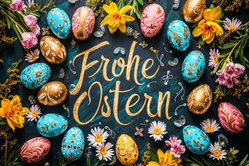 Bunte Ostereier und Frühlingsblumen mit Frohe Ostern Schriftzug