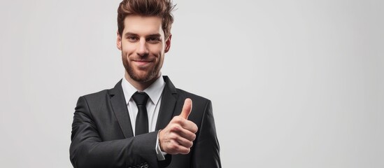 Wall Mural - Well-dressed salesman shows approval with thumb up against white background, with space for ads.