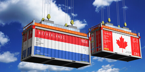 Shipping containers with flags of Netherlands and Canada - 3D illustration