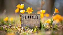Spring Concept Wooden Sign Among Yellow Crocus Flowers