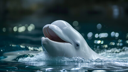 Beluga Whale Emerging with a Splash in Moody Waters