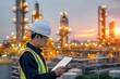 © Milkghost - Asian engineer in hard hat and safety vest using tablet at oil refinery