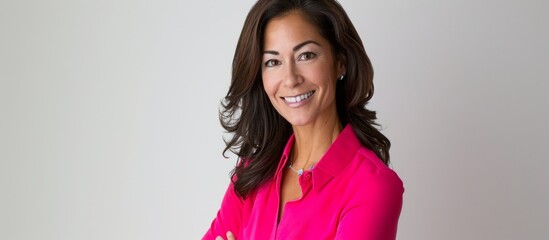 Poster - Brunette woman leader in bright pink shirt on white background exudes confidence and strength.