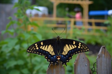 Poster - huge butterfly on a small fence, person in background gardening