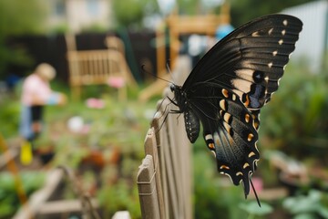 Wall Mural - huge butterfly on a small fence, person in background gardening