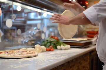 Sticker - chef handtossing dough in the air behind a pizza counter