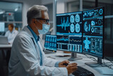 Fototapeta  - Predictive analytics in preventive healthcare. White male researcher is analysing results on a computer screen. Caucasian man, doctor, is investigating the cause of  chronic diseases on a monitor