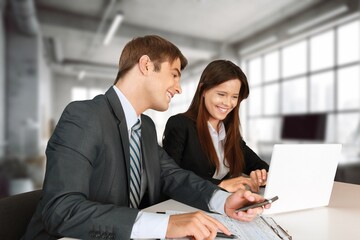 Poster - Two young business people in office workplace