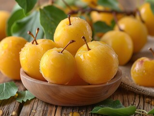 Poster - yellow plum on a wooden background