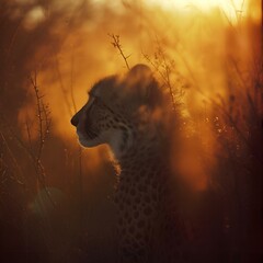 Sticker - AI generated illustration of a cheetah standing in tall grass at sunset