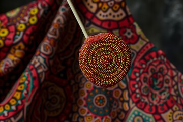 Canvas Print - closeup of a lollipop being held above a patterned fabric