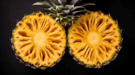 Wall Mural - Close-up of a fresh pineapple cut in half with green leaves on a black background. Fruit harvest.