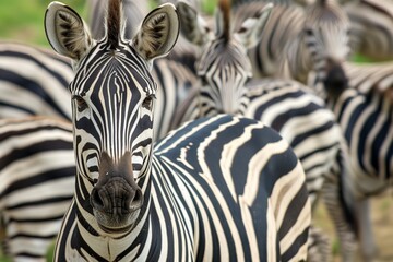 Poster - zebra herd, one closeup with others behind