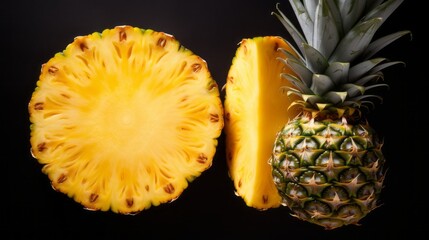 Wall Mural - Close-up of a fresh pineapple cut into pieces on a black background. Fruit harvest.