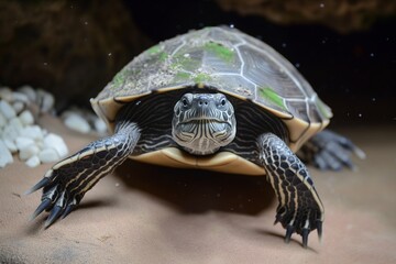 Poster - turtle plodding forward, head extended towards camera