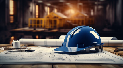 Close up blue safety helmet on the table.Architectural designed building blueprint layout and engineer tool for designing blueprint with contractor project document on engineer workspace table