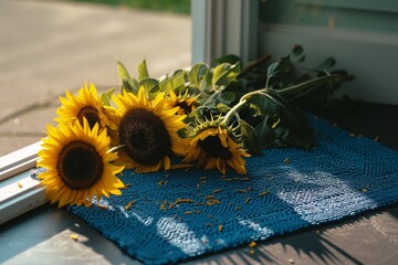 Canvas Print - bunch of sunflowers laying on a blue door mat, sunlight