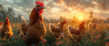 Fotografia Hens Graze On Meadow At Sunset. Group Of Chickens Stand In A Field During Sunset,