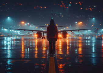 Wall Mural - Woman standing on wet airport runway at night