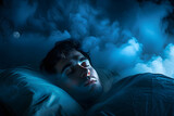 Fototapeta Zwierzęta - stressed man with panic attacks while having nightmare at night