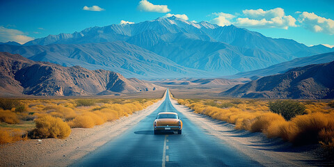 Oldtimer vintage car driving along a straight road in the arid desert toward a beautiful montain landscape