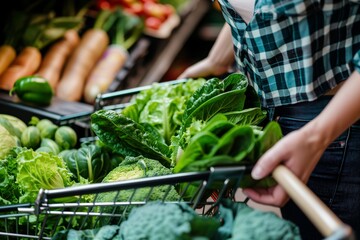 Canvas Print - woman filling her cart with fresh vegetables