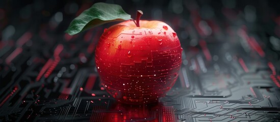 Futuristic red apple fruit with circuit big data technology. AI generated image