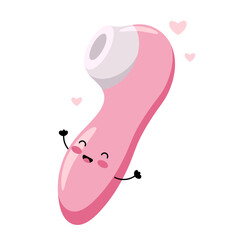 Cute vacuum vibrator. Sex toy for women. Happy kawaii character. Vector flat illustration.