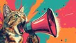 A screaming cat with a megaphone on a colorful creative background, an advertising banner for retro-style marketing