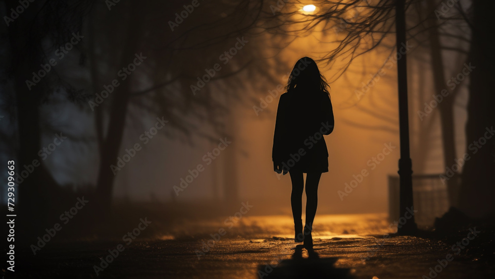 Silhouette of a young woman walking home alone at night , scared of ...