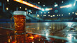 Cinematic wide angle photograph of a beer pint glass ar a basketball court. Product photography.