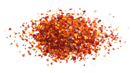 Wall Mural - Spicy chili red pepper flakes, chopped, milled dry paprika pile isolated on white background.