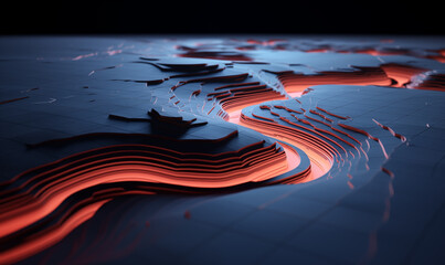Futuristic digital landscape with river passing trough metallic terrain landscape, abstract information transfer concept