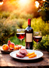 Wall Mural - bottle of wine with fruit and food on the background of a vineyard. Selective focus.
