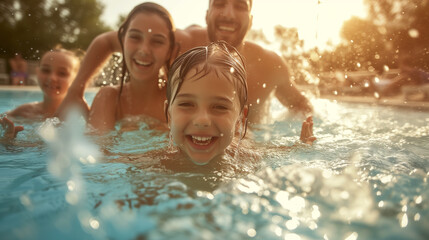 Happy family having fun in the pool.