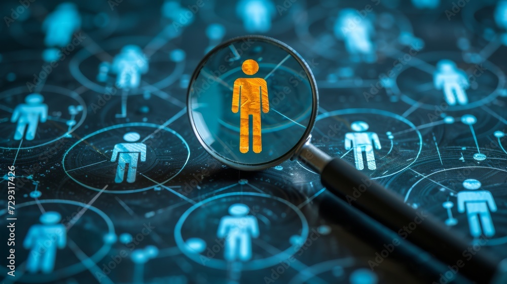 Magnifying Glass Innerview In a conceptual image illustrating HR processes, a magnifying glass is ...