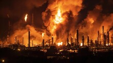 Burning Oil Refinery At Night