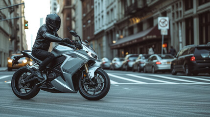 A sporty motorbike with a motorcyclist in a black helmet and leather jacket rushes through the streets of the city