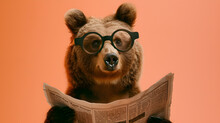 Portrait Of A Funny Brown Bear In Glasses Reading A Newspaper On An Orange Background