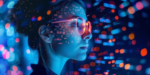 woman look up portrait in vr glasses hologram, glowing virtual headset with connection, earth sphere and lines.
