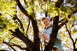 © Austockphoto - Happy country kid climbing up tree outside