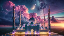 A Majestic Mosque With Multiple Domes And Minarets Under A Twilight Sky