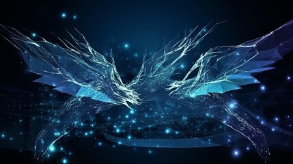 Wall Mural - Abstract flying dragons on a dark blue background. Technological background for design on the topic of artificial intelligence, neural networks, big data. Copy space