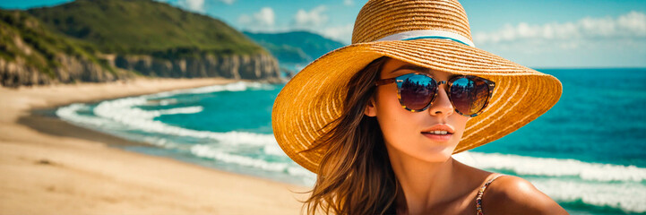 Wall Mural - woman in a hat on a tropical beach. Selective focus.