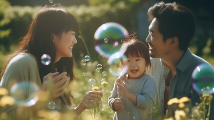 Wall Mural - Happy asian family in the garden They are having fun playing and blowing bubbles. and enjoyed ourselves together in the green garden. Family enjoying sunny fall day in nature