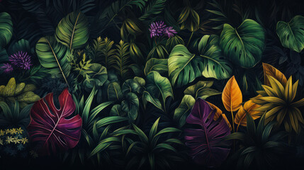 Wall Mural - Drawing monstera leaves and tropical nature abstract background. Generative ai.