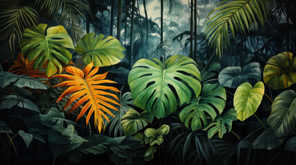 Wall Mural - Drawing monstera leaves and tropical nature abstract background. Generative ai.