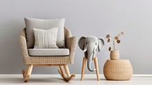 Stlish Interior Of Living Room With Rattan Armchair, Wooden Stool, Elephant Figure And Decoration In Modern Home Decor. Copy Space. Template