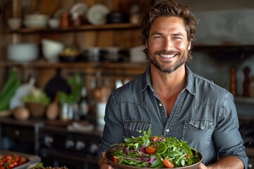 A handsome and smiling waiter in a cafe, proudly holding a plate of delicious and healthy vegetarian salad.